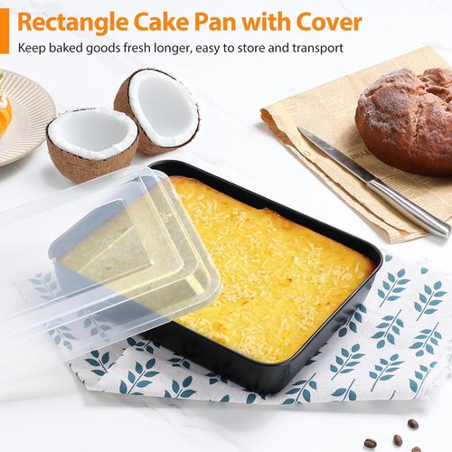 E-far Baking Pans Set of 3 - Nonstick Sheet Cake & Lasagna Pan with Lids | 12.5/10.5/9.4 Inch Metal Bakeware