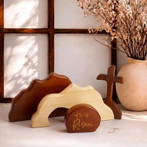 He Is Risen | Empty Tomb Scene Easter Decorations - Natural Wood Christian Decor for Home & Office