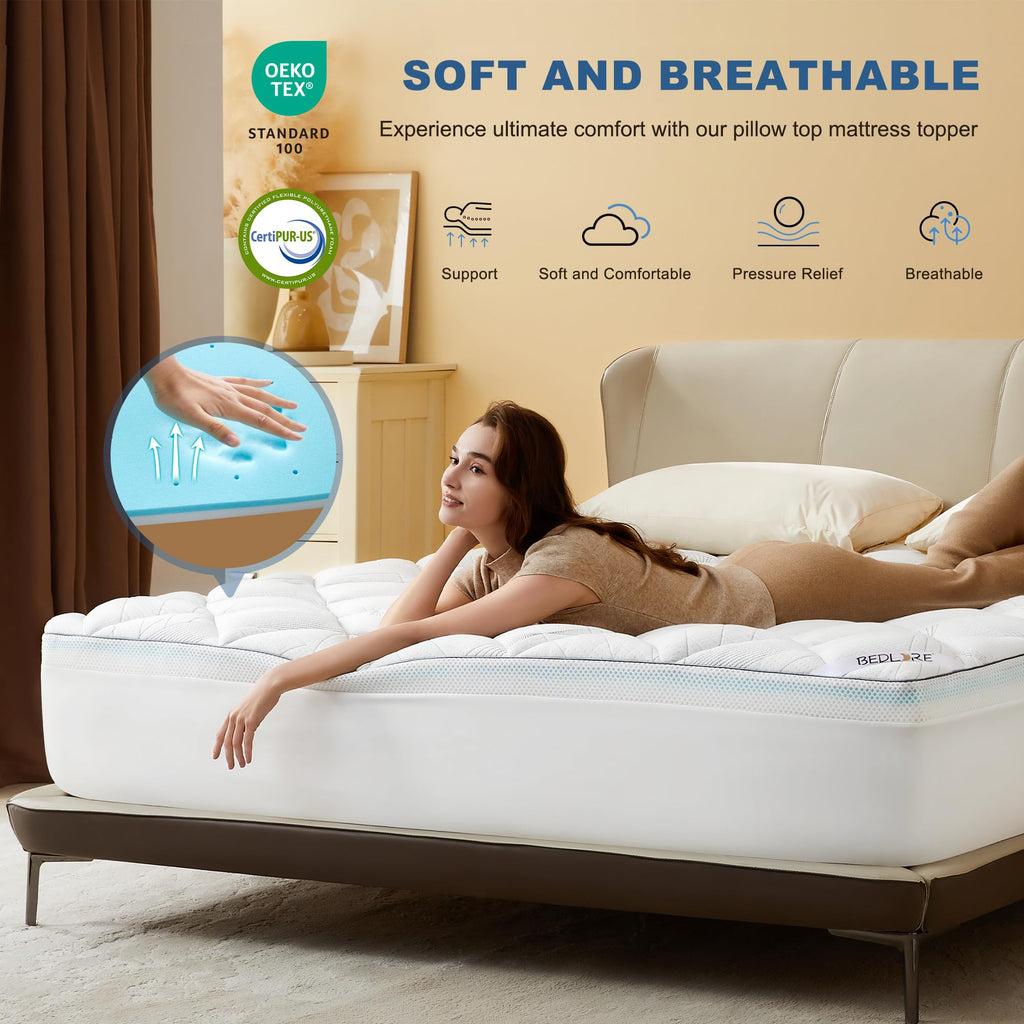 Bedlore 4-Inch Queen Mattress Topper for Back Pain - Dual Layer Medium Support (2" Gel Memory Foam + 2" Cooling Fluffy Pillow Top Pad), Breathable & Pressure Relief (White)