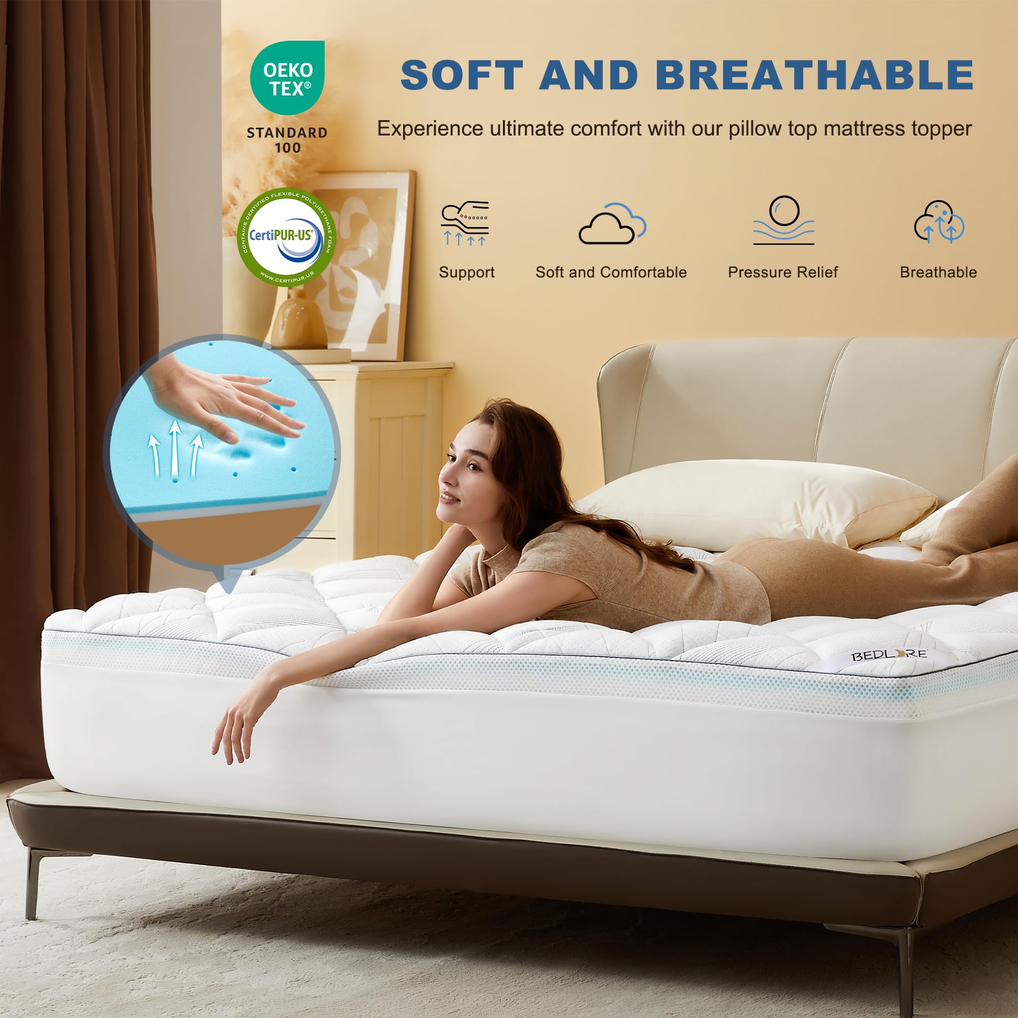 Bedlore 4-Inch Queen Mattress Topper for Back Pain - Dual Layer Medium Support (2" Gel Memory Foam + 2" Cooling Fluffy Pillow Top Pad), Breathable & Pressure Relief (White)