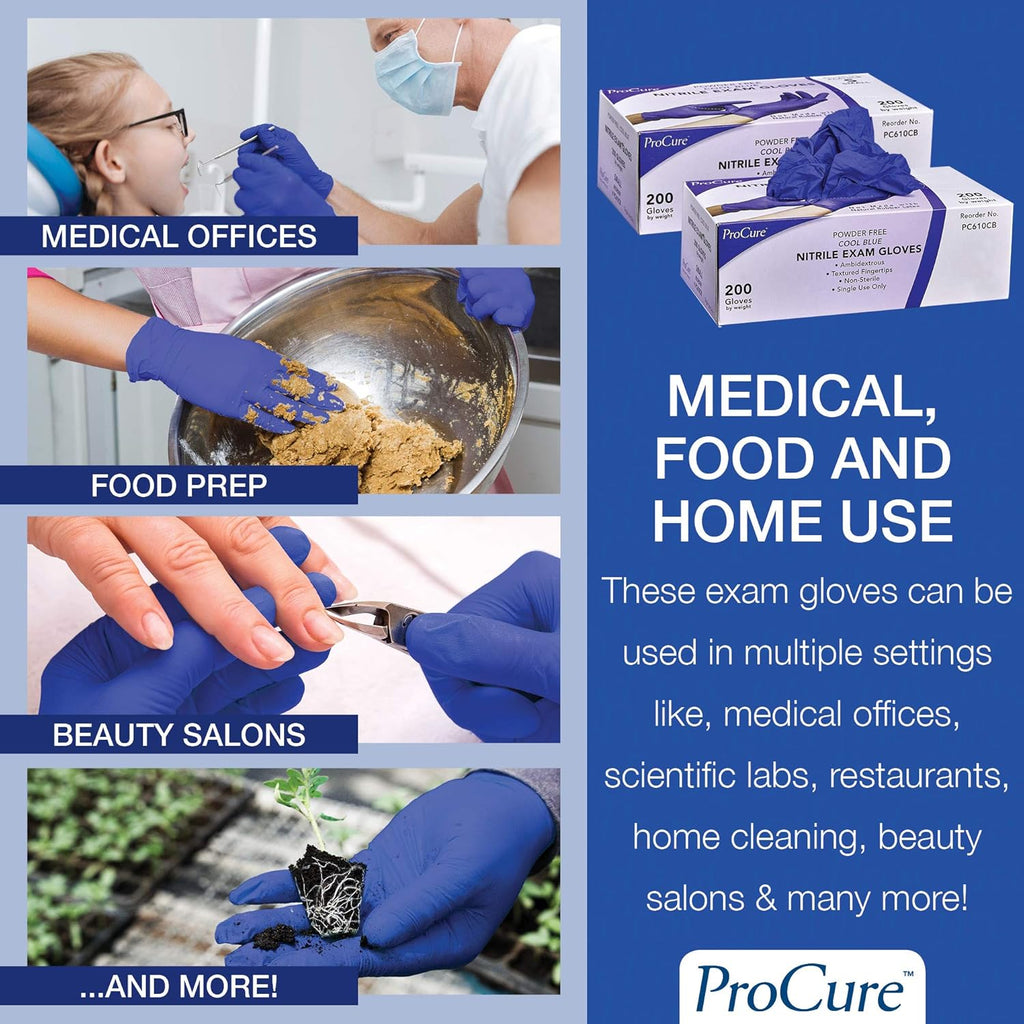 ProCure Disposable Nitrile Gloves - Latex Free, Powder Free, 200 Count Medical Exam Gloves