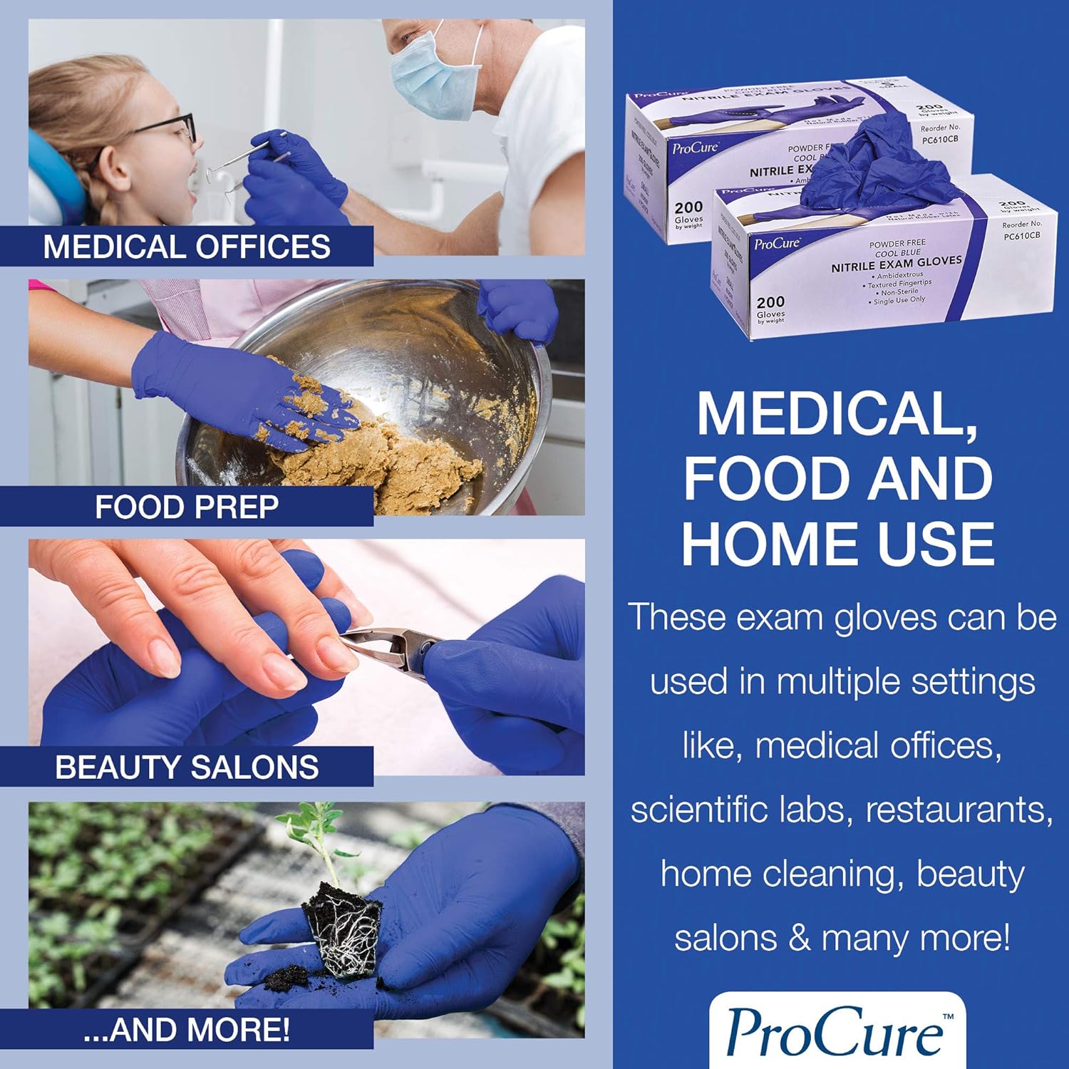 ProCure Disposable Nitrile Gloves - Latex Free, Powder Free, 200 Count Medical Exam Gloves