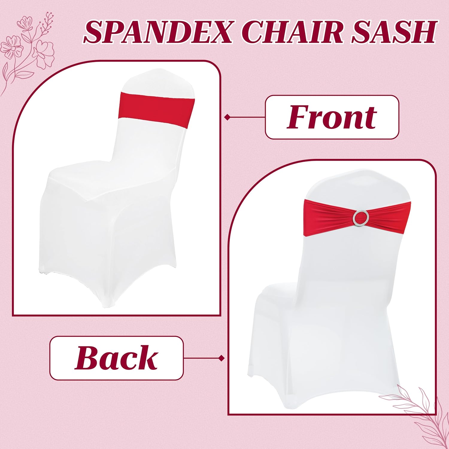 MDS Spandex Chair Sashes - Pack of 125 Elastic Stretch Bands with Buckle Slider for Wedding Decor | Red