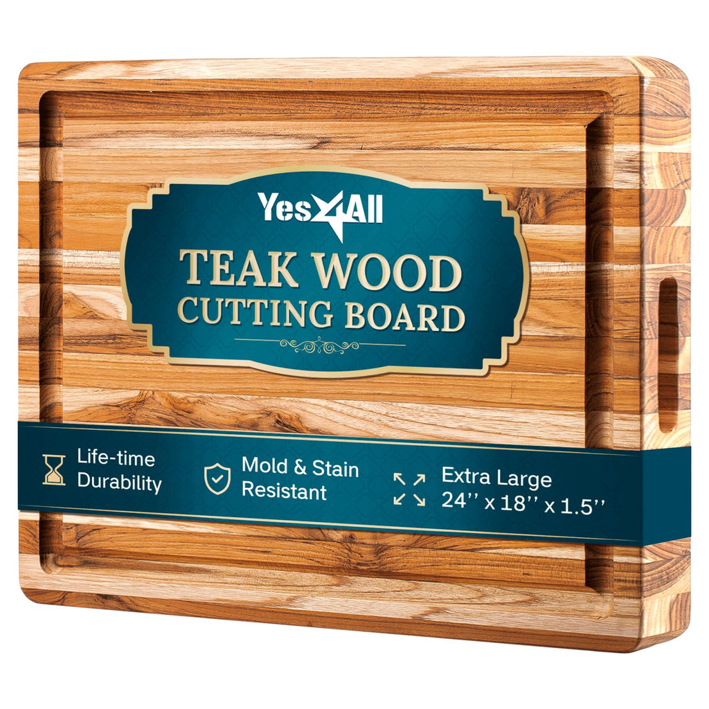 Yes4All Plus Large Edge Grain Teak Cutting Board for Kitchen, 24''L x 18''W x 1.5''Thick, Durable Wood with Juice Grooves, Pre-Oiled, Easy Grip Handles, Ideal for Chopping and Serving