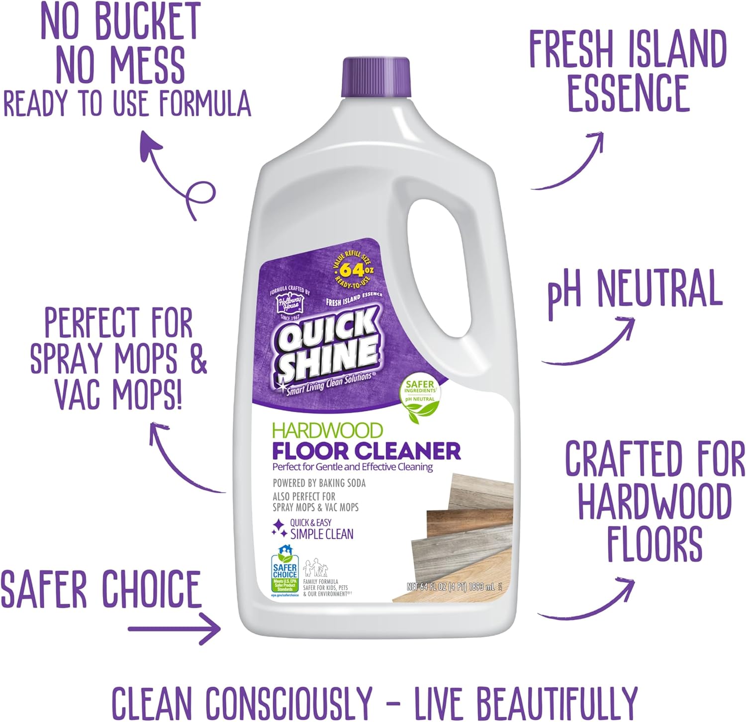 Quick Shine Hardwood Floor Cleaner 64oz - Streak-Free, No Rinse Formula | Perfect for Spray & Vac Mops