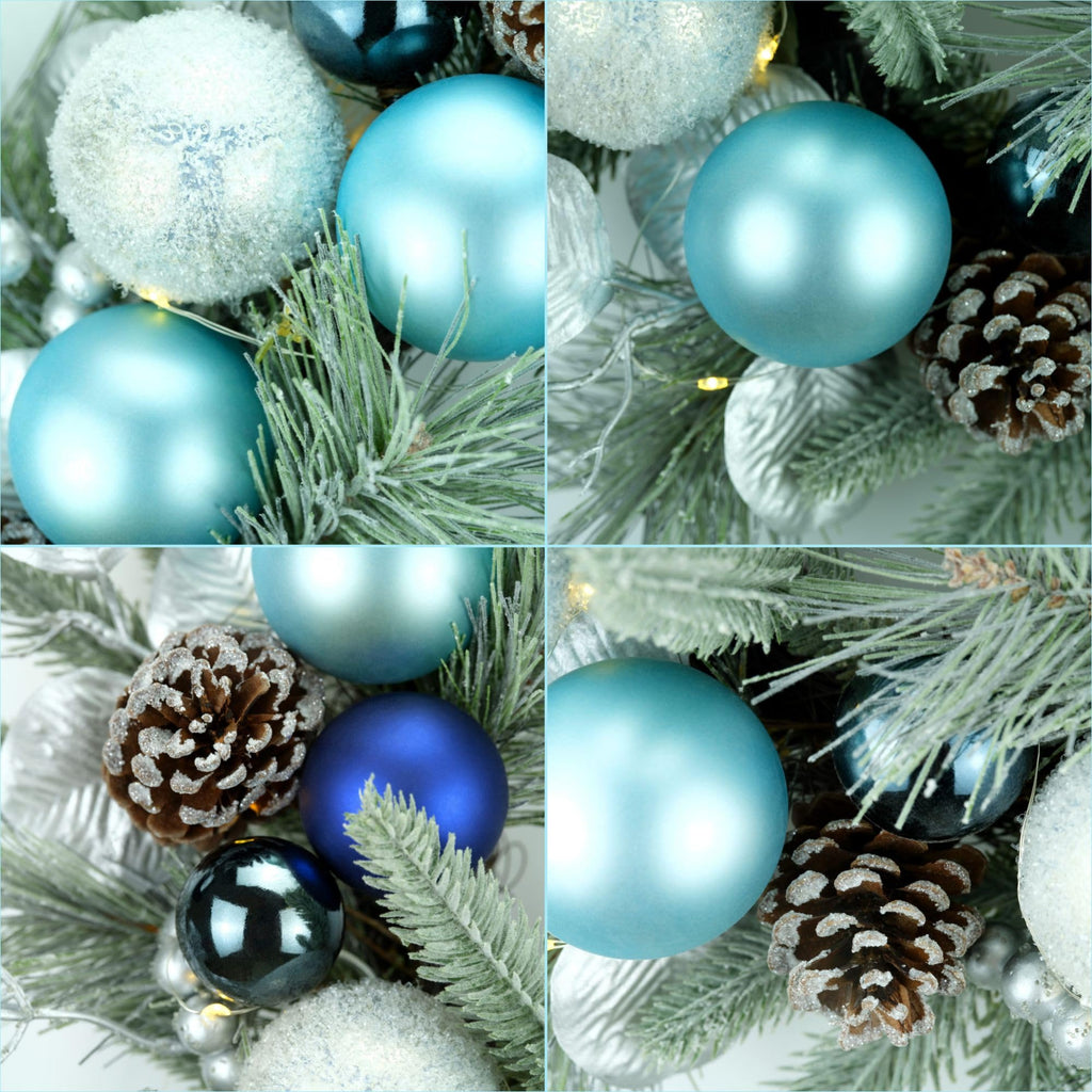 YULETIME 20-inch Christmas Wreath, Battery Operated Holiday Wreath with 20 Fairy Lights, Blue Baubles, Silvery Berries, Pine Cones, Silvery Leaves, Frosted Spruce Branches and Pine Needles (Blue)