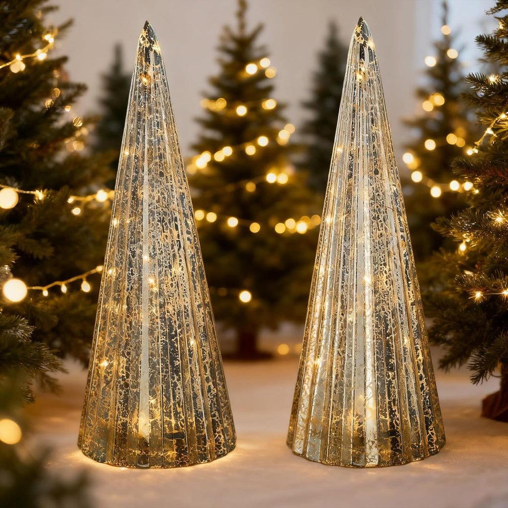 Regine Switzerland Mercury Glass Christmas Trees - Set of 2 Silver LED Figurines for Indoor Decor