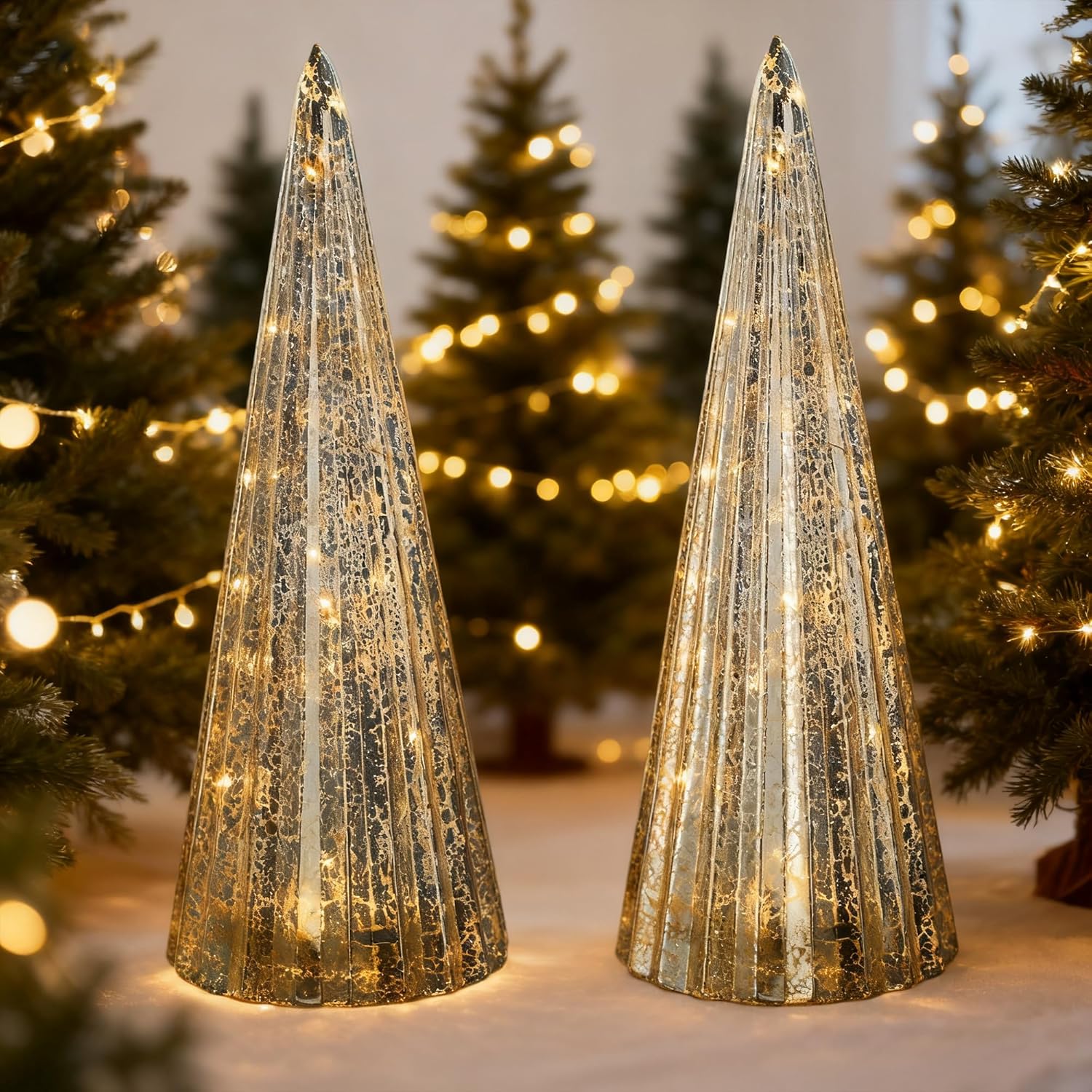 Regine Switzerland Mercury Glass Christmas Trees - Set of 2 Silver LED Figurines for Indoor Decor