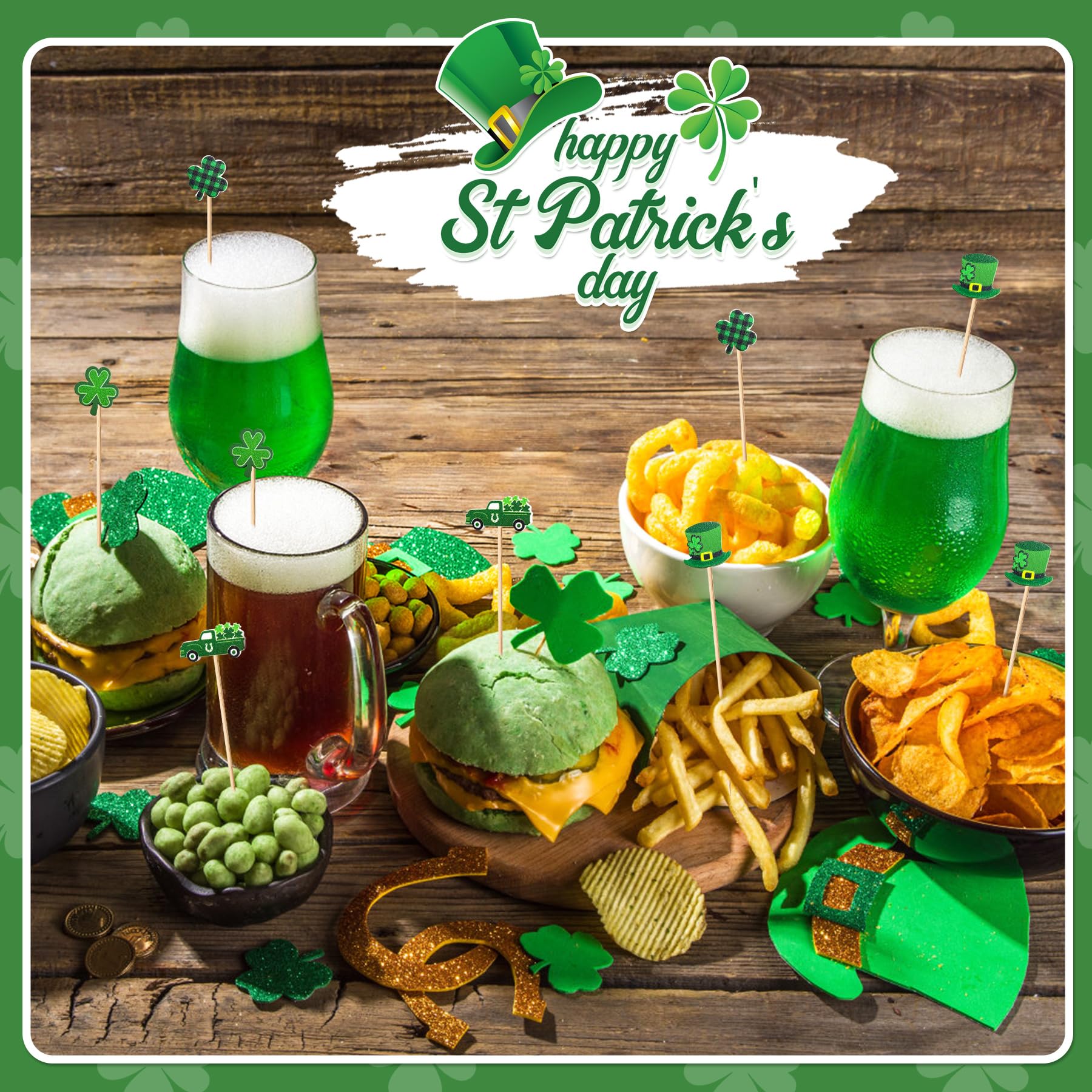 100 Pcs St Patrick's Day Shamrock Cocktail Picks Irish Green Hat Beer Clover Cupcake Toppers Disposable Party Shamrock Sticks for St. Patrick's Day Decoration Party(Truck Style)