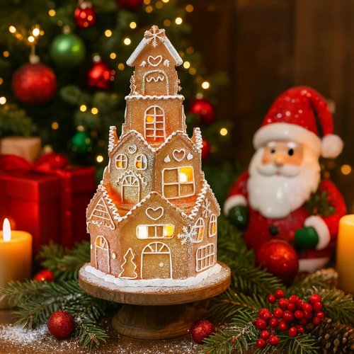 Beeveer LED Gingerbread House Decoration - Festive Resin Xmas Village Figurine | 5 x 5 x 8.25 Inch