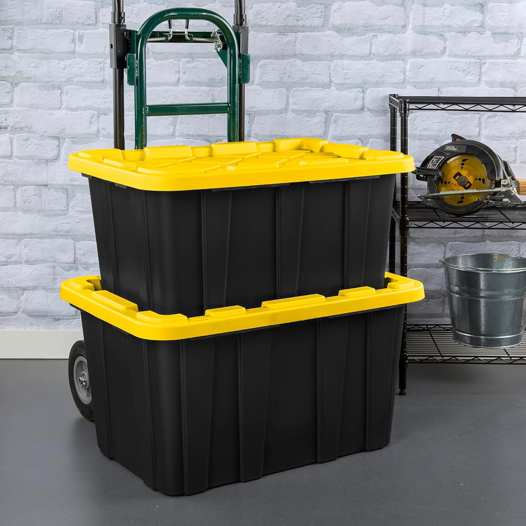 Sterilite 17 Gal Industrial Tote - Stackable Storage Bin with Snap-Fit Lid | Black Base & Yellow Lily Lid, 6-Pack