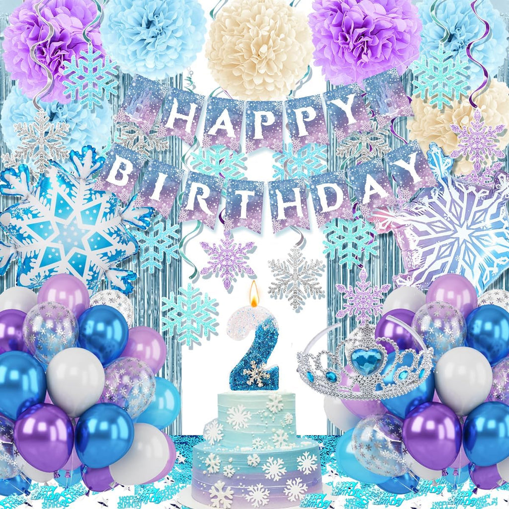 Skiennix Birthday Decorations for Girls - Winter Snow Theme Party Supplies with Number 2 Candle & Crown
