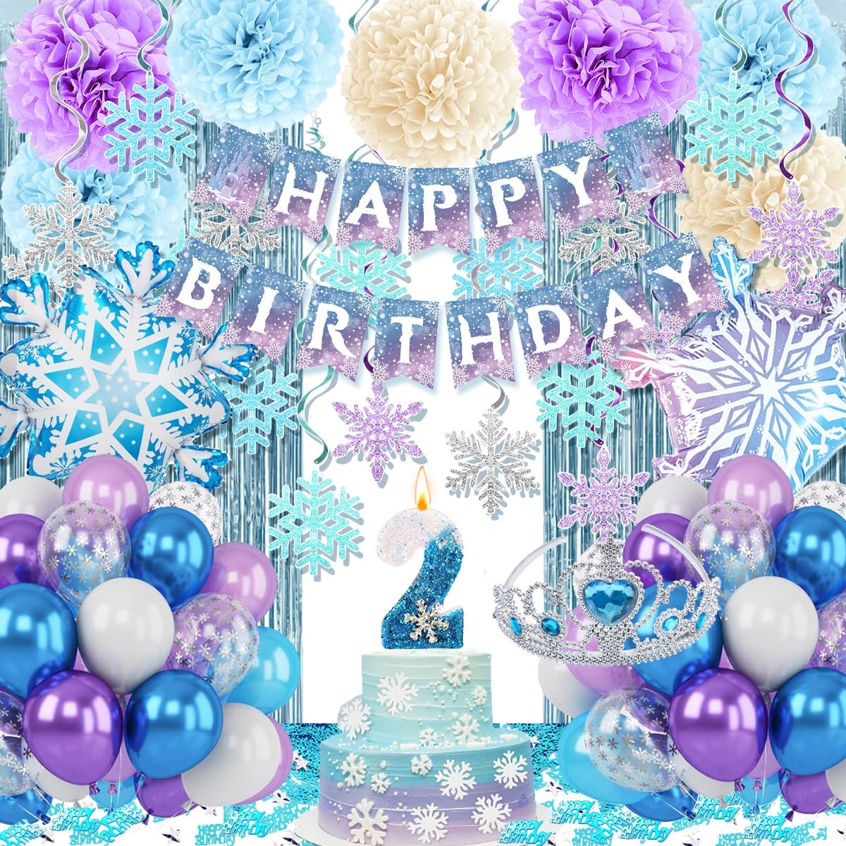 Skiennix Birthday Decorations for Girls - Winter Snow Theme Party Supplies with Number 2 Candle & Crown
