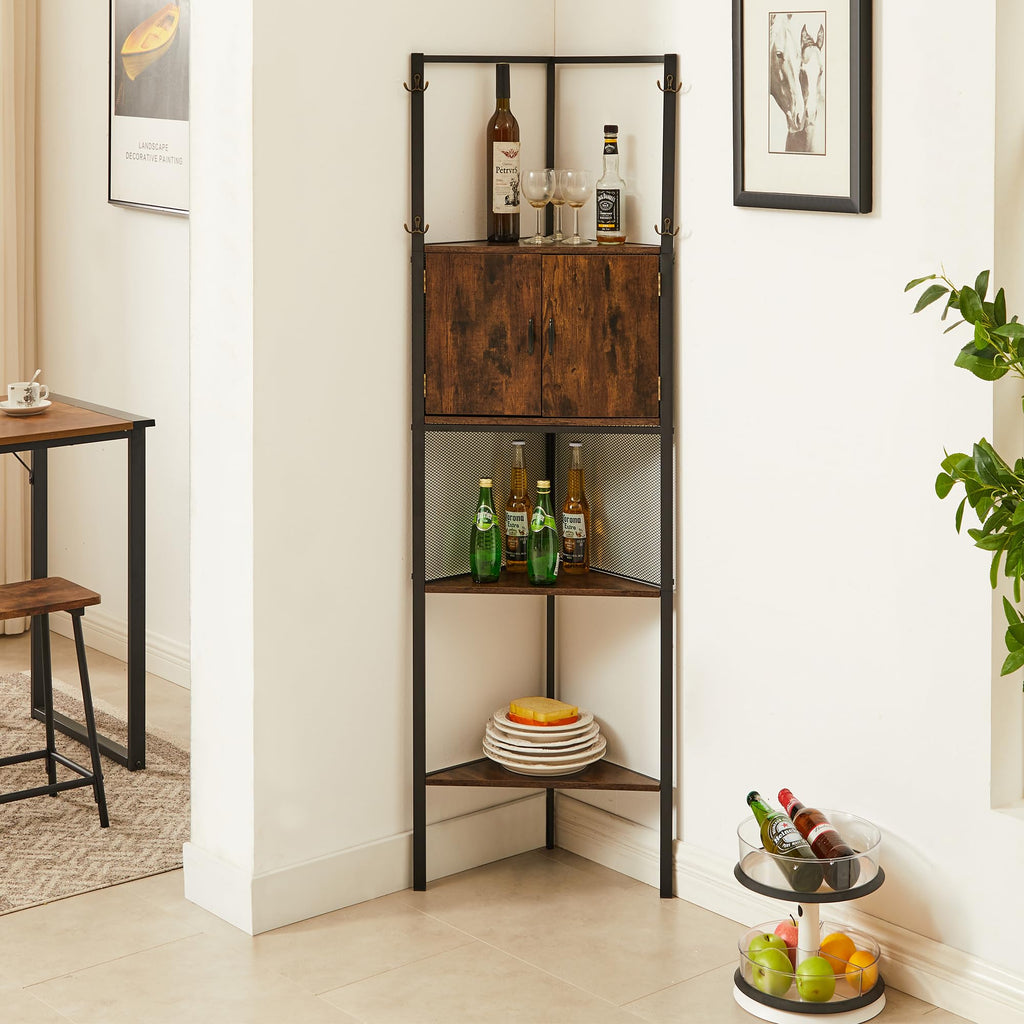 VECELO 4 Tier Corner Cabinet, 59" Tall Standing Organizer with 4 Dual-Hooks, Storage Rack, Narrow Bookshelf Display Shelves Rack for Wall Corner, Living Room, Kitchen, Bedroom, Office, Retro Brown