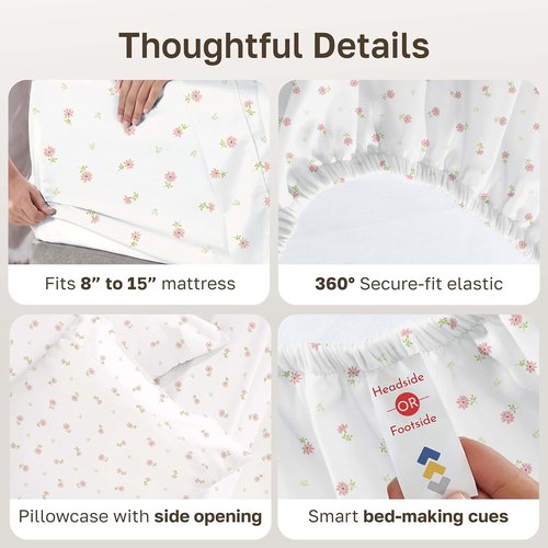California Design Den Twin Size Bed Sheets Set - 100% Cotton, 400 Thread Count, Smooth Sateen Finish, Floral Design