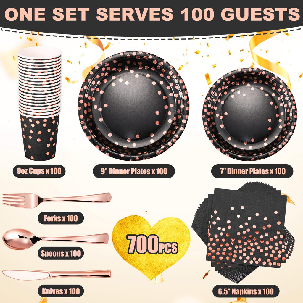 700 pcs Black and Rose Gold Party Supplies for 100 Guests Disposable Dinnerware Kits Black Rose Gold Paper Plates Napkins Cups Rose Gold Plastic Forks Knives Spoons for Birthday Wedding Party