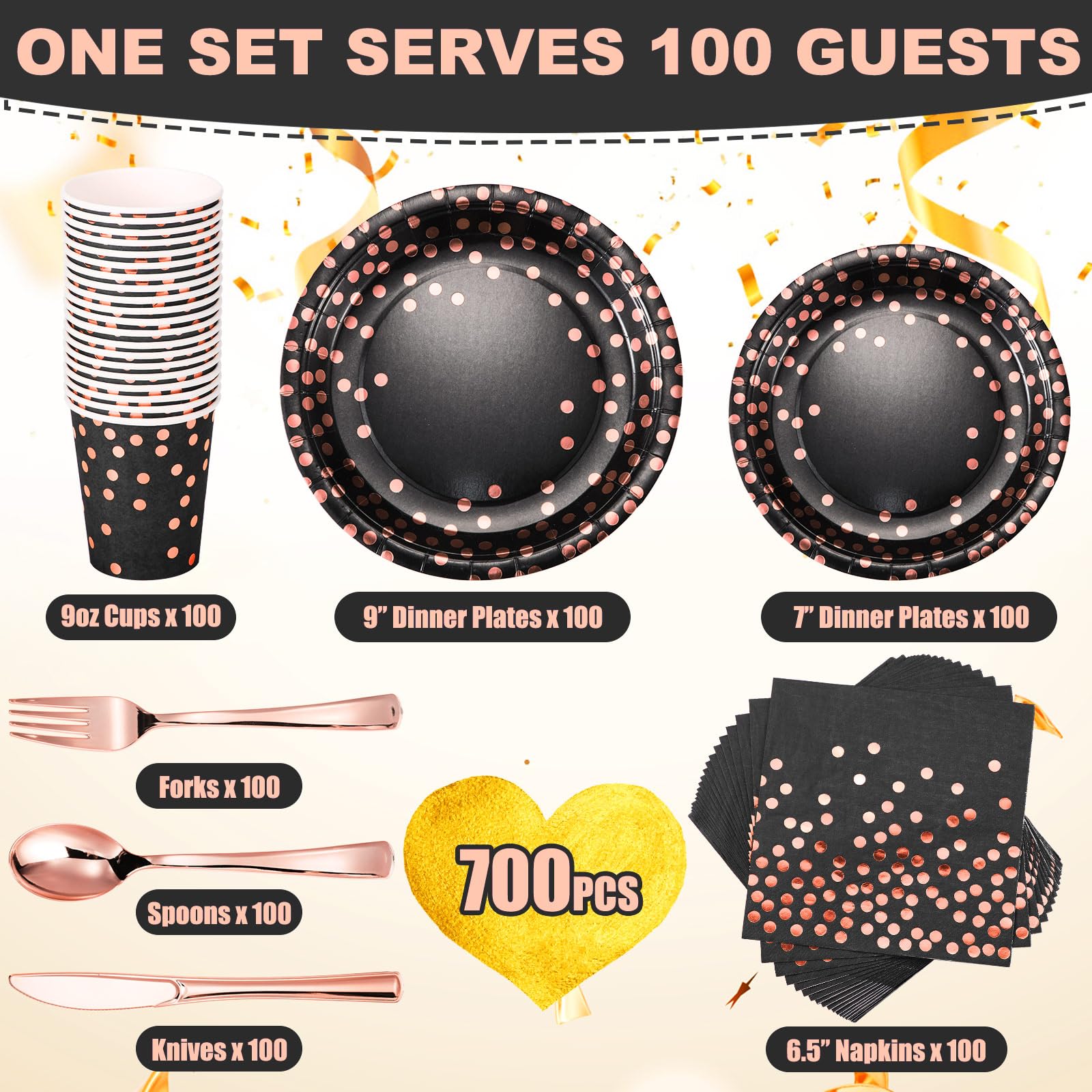 700 pcs Black and Rose Gold Party Supplies for 100 Guests Disposable Dinnerware Kits Black Rose Gold Paper Plates Napkins Cups Rose Gold Plastic Forks Knives Spoons for Birthday Wedding Party