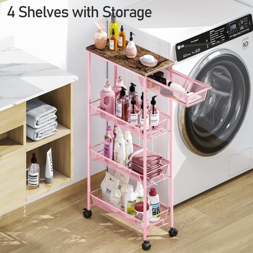 KINGRACK 4-Tier Slim Storage Cart, Metal Rolling Cart, Organizer with Wooden Tabletop and Drawer Basket, Mobile Shelving Unit for Kitchen, Bathroom, Laundry Room, Pink