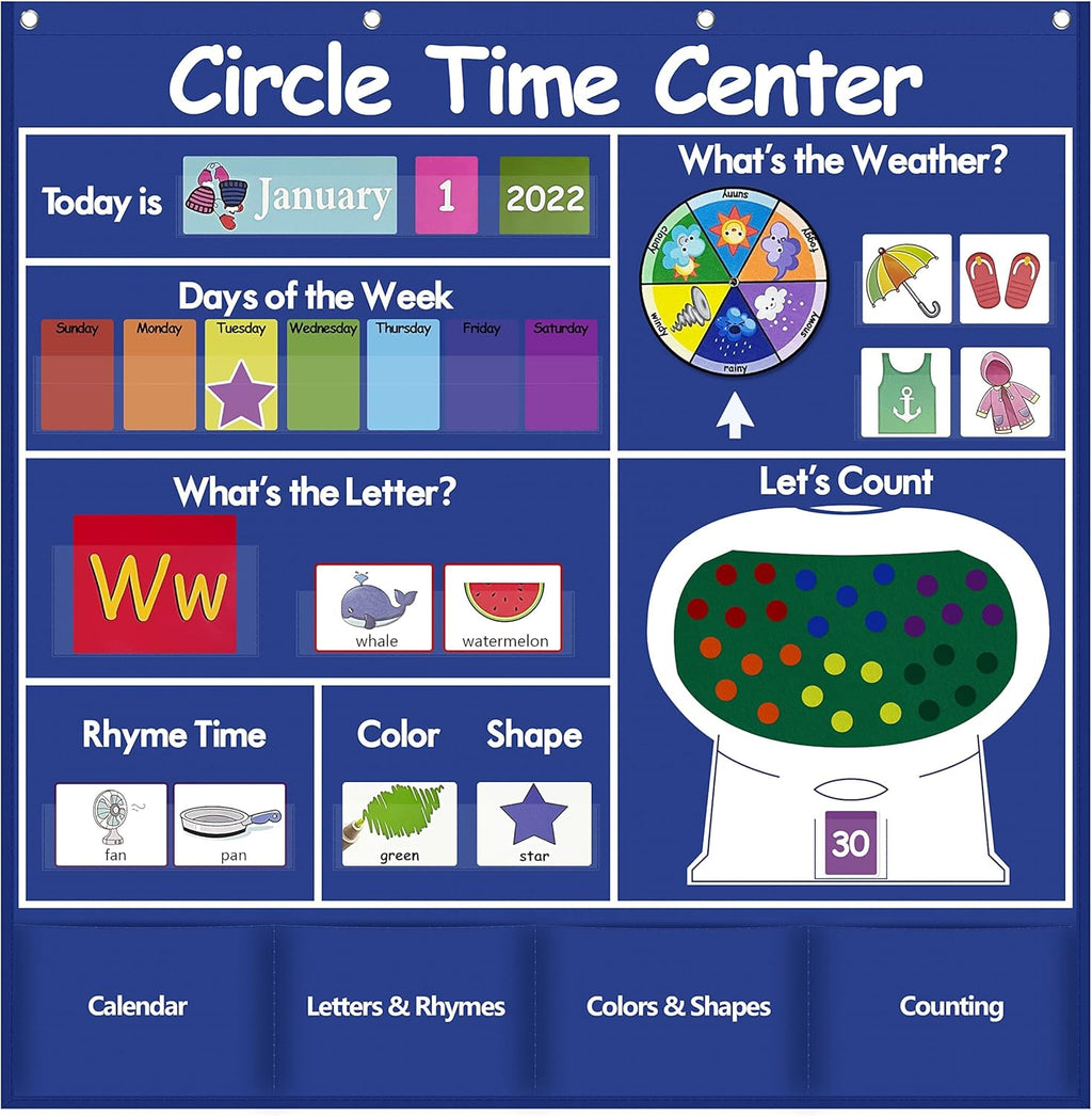 Auchq Circle Time Learning Center - Heavy-Duty Kids Calendar Pocket Chart | Educational Weather & Rhyme Chart (Blue)