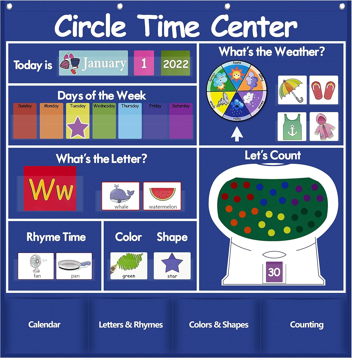 Auchq Circle Time Learning Center - Heavy-Duty Kids Calendar Pocket Chart | Educational Weather & Rhyme Chart (Blue)
