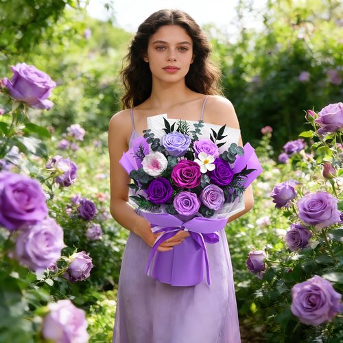 Forever Rose Flowers for Delivery, 8-Piece Preserved Roses Bouquet Birthday Gifts for Women, Long Lasting Purple Roses with Gift Box for Mom, Forever Flowers with Vase for Her Wife Girlfriend