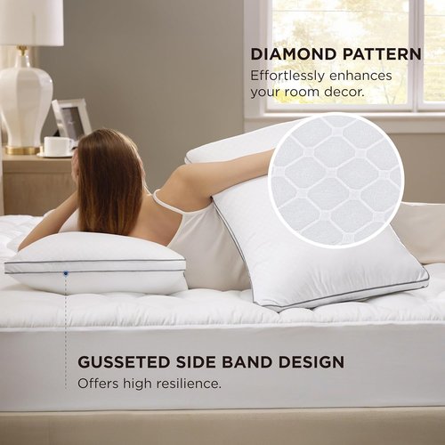 Bedsure Queen Pillows Set of 2 - Fluffy Hotel Quality Pillows with Gusseted Support | Diamond Quilted Design