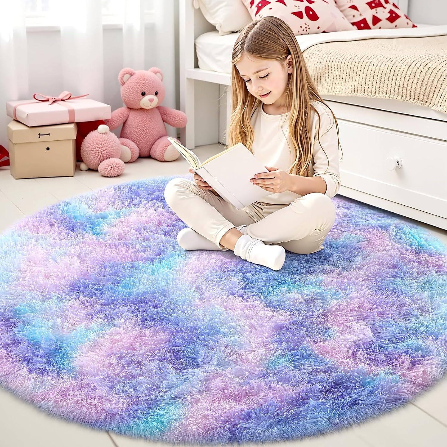 OLANLY Round Purple Rainbow Rug - Soft, Fluffy, Machine Washable 4x4 Feet Area Rug for Bedroom & Nursery Decor