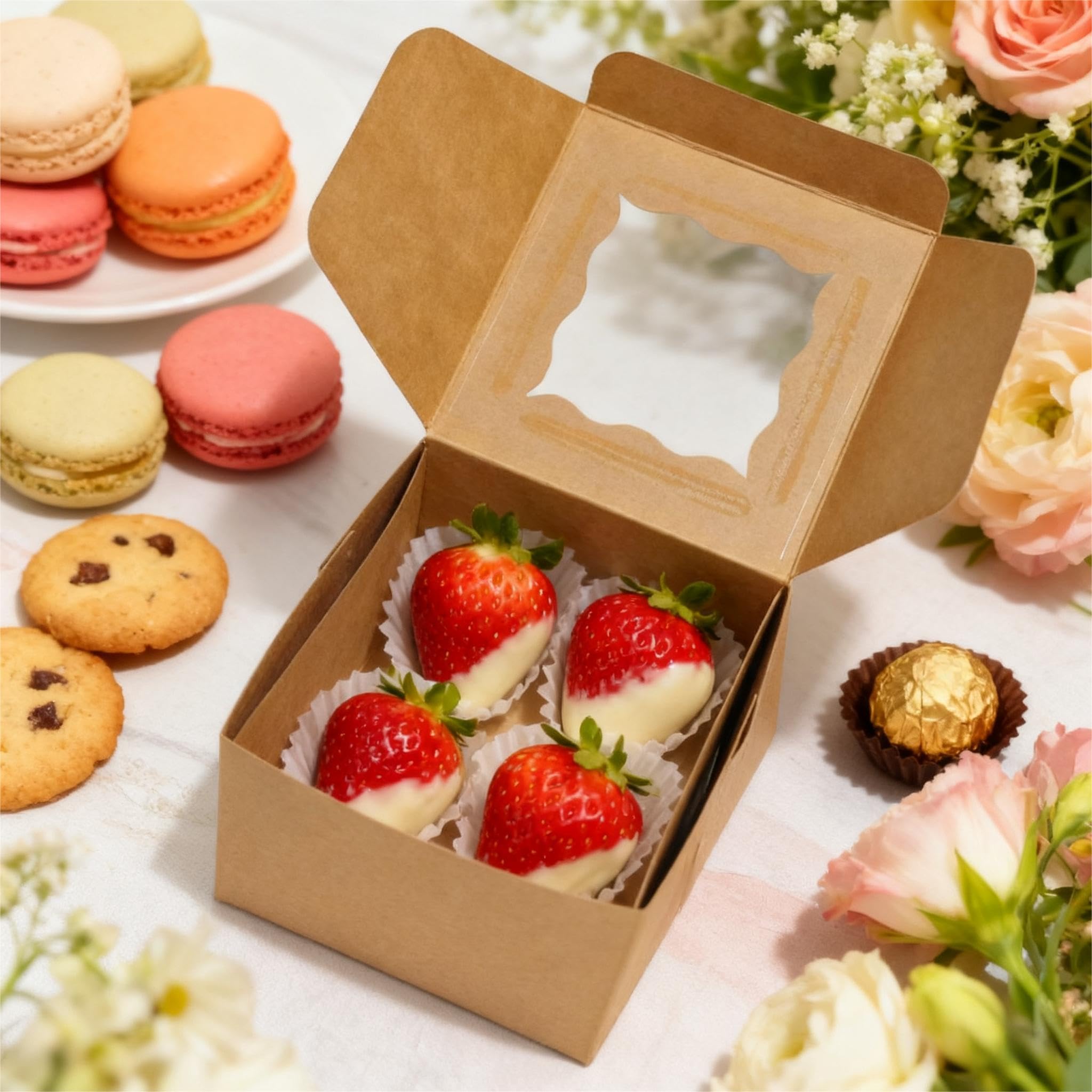TAOUNOA 80 Pack 4x4x2.5 Inch Cookie Boxes with Window, Kraft Bakery Boxes for Cupcakes, Desserts Treats, Clear View Eco-Friendly Gift Packaging for Baked Goods Party (Brown, 20 pcs Easy to Secure)