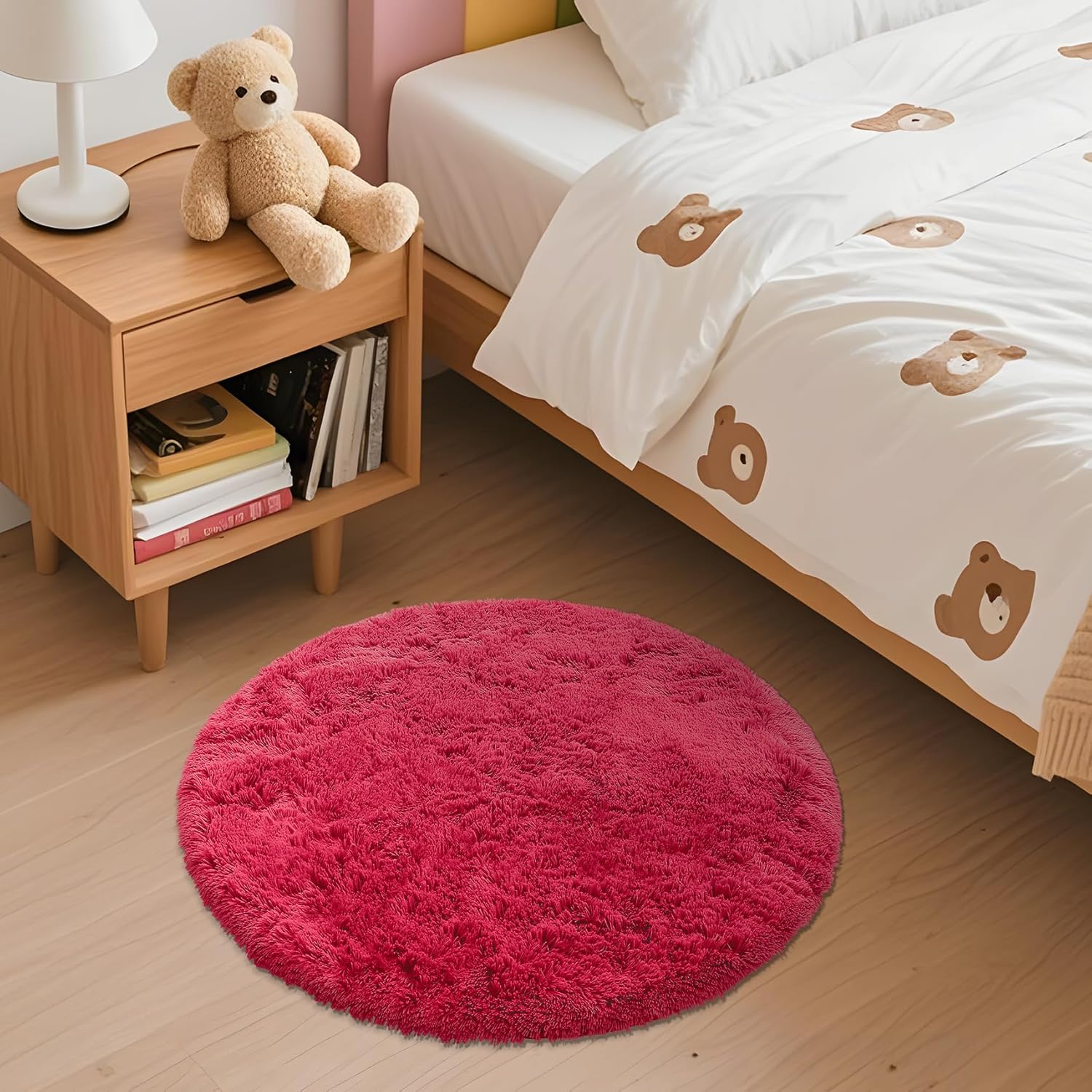 OLANLY Red Round Area Rug - Soft, Fluffy, Machine Washable 2 ft Circle Carpet for Bedroom & Living Room Decor