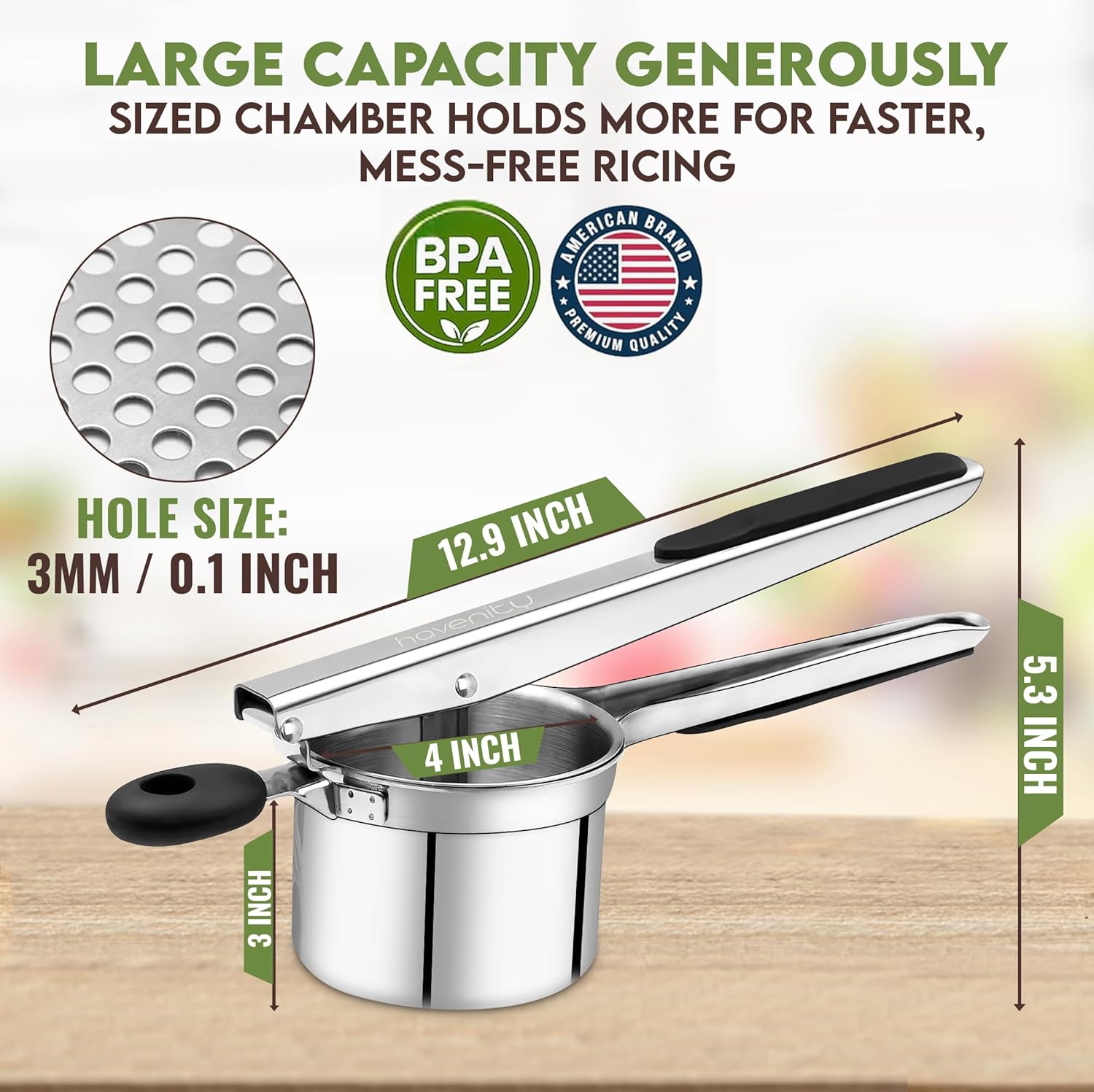 Regine Switzerland 15oz Potato Ricer - Heavy Duty Stainless Steel Masher with 3 Discs | Non-Slip Baby Food Squeezer