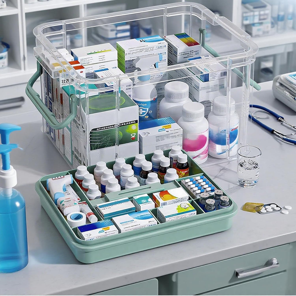 NZYNZY Clear Medicine Organizer - Thickened Plastic Storage Box with Tray & Handles | 15qt Capacity