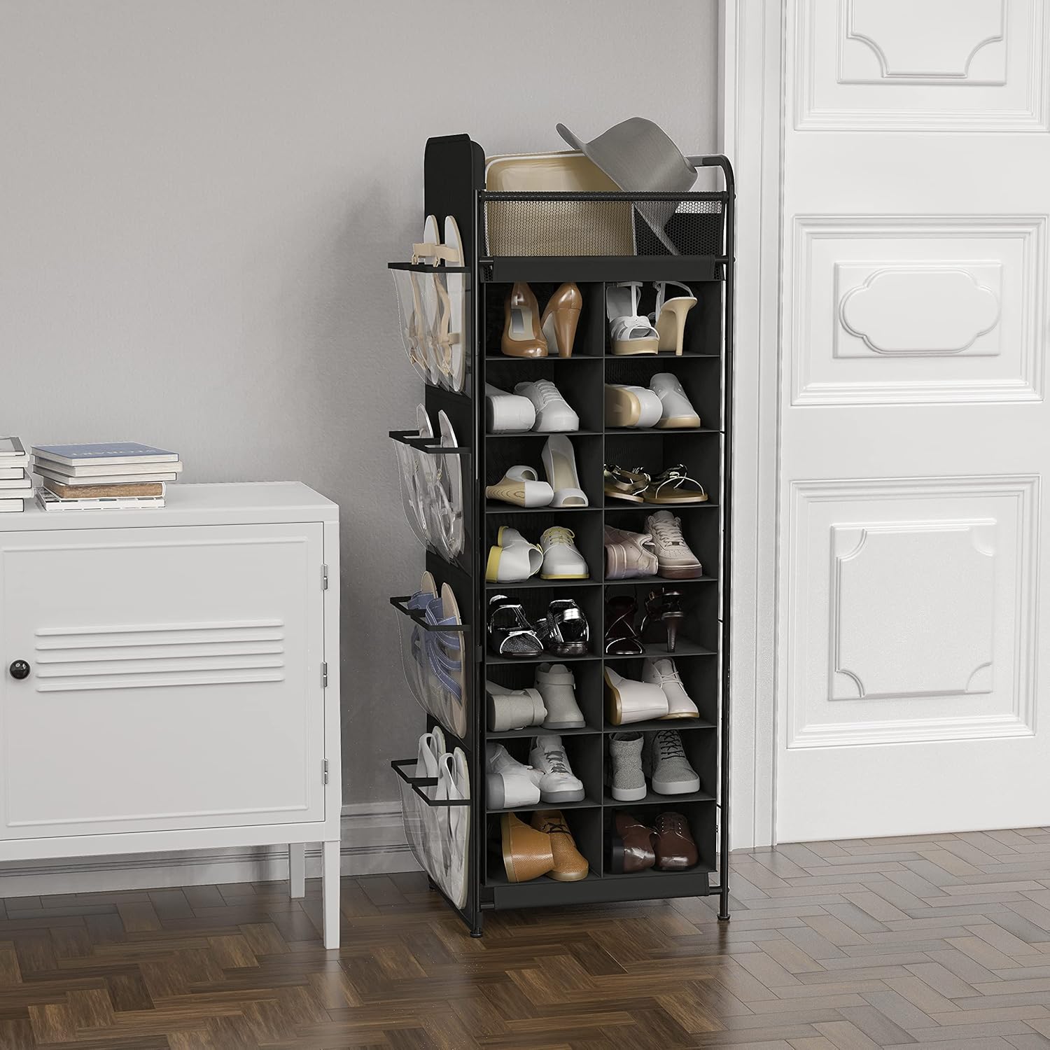 Simple Houseware 16-Cube Shoe Stand Tower Rack - 8-Tier Design with Top Shelf & Side Pockets, Black
