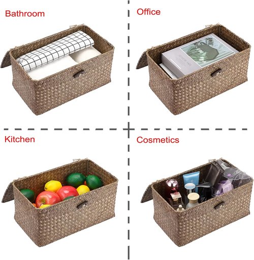 Hipiwe Wicker Shelf Baskets - Handwoven Seagrass Storage Bins with Lid | Medium Coffee Color