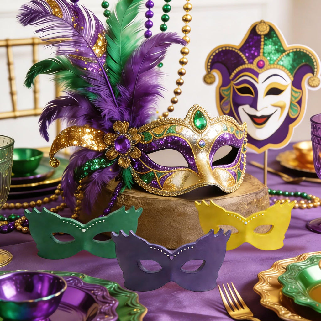 SNILOAW 3PCS Mardi Gras Mask Decorations Wooden Mask Table Sign Mardi Gras Centerpiece Block Mardi Gras Tiered Tray Tabletop Decor for Office, Dining Room Masquerade Party