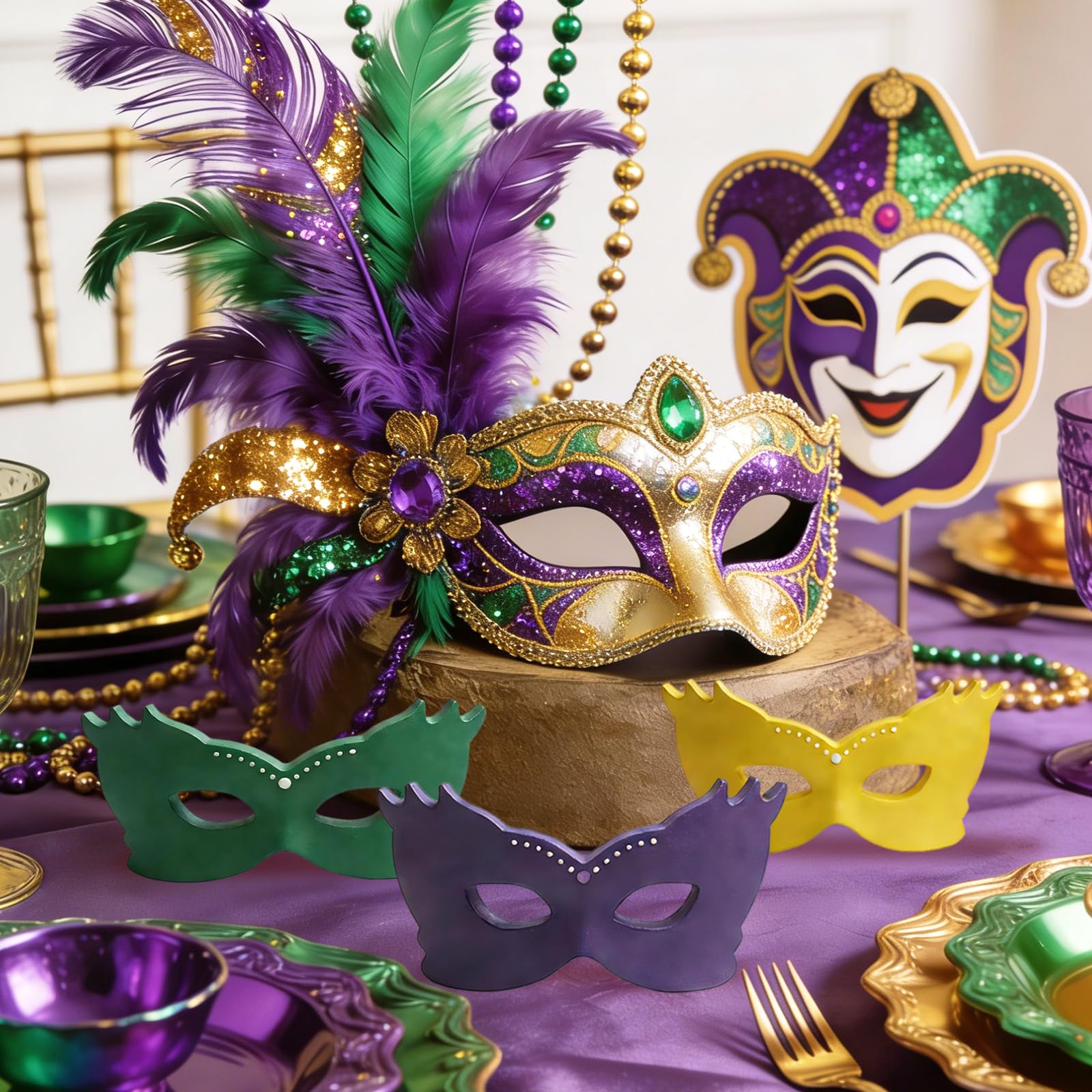 SNILOAW 3PCS Mardi Gras Mask Decorations Wooden Mask Table Sign Mardi Gras Centerpiece Block Mardi Gras Tiered Tray Tabletop Decor for Office, Dining Room Masquerade Party