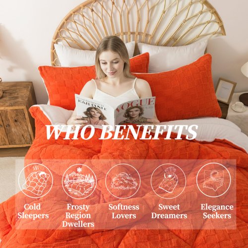 ELNIDO QUEEN® Fluffy Comforter Set King, Burnt Orange Winter Fleece Comforter Ultra Soft & Extra Pluffy Plush Comforter Set, Cozy Fuzzy Bed Comforter 3 Pieces (1Comforter, 2 Pillowcases),102x90 inch