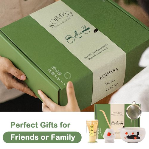 KOIMYSA Cute Matcha Whisk Set with Cat and Strawberry Pattern Matt Matcha Bowl, 5PCS Traditional Bamboo Whisk Kit, Chasen and Chashaku, White