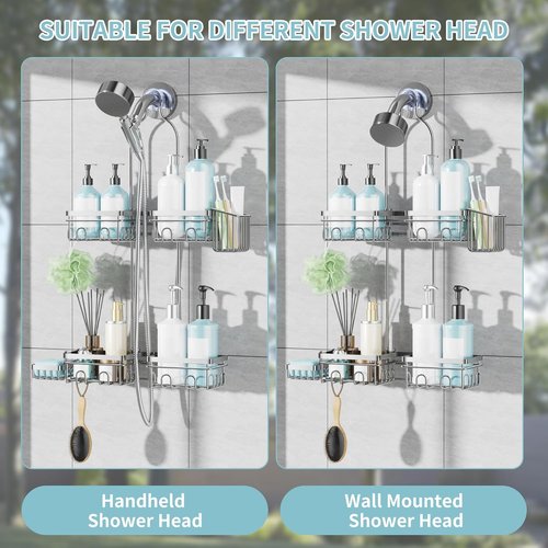 KEGII Shower Caddy - Rustproof Hanging Organizer with Soap Dish & Hooks | Fits Handheld Showerheads, Silver