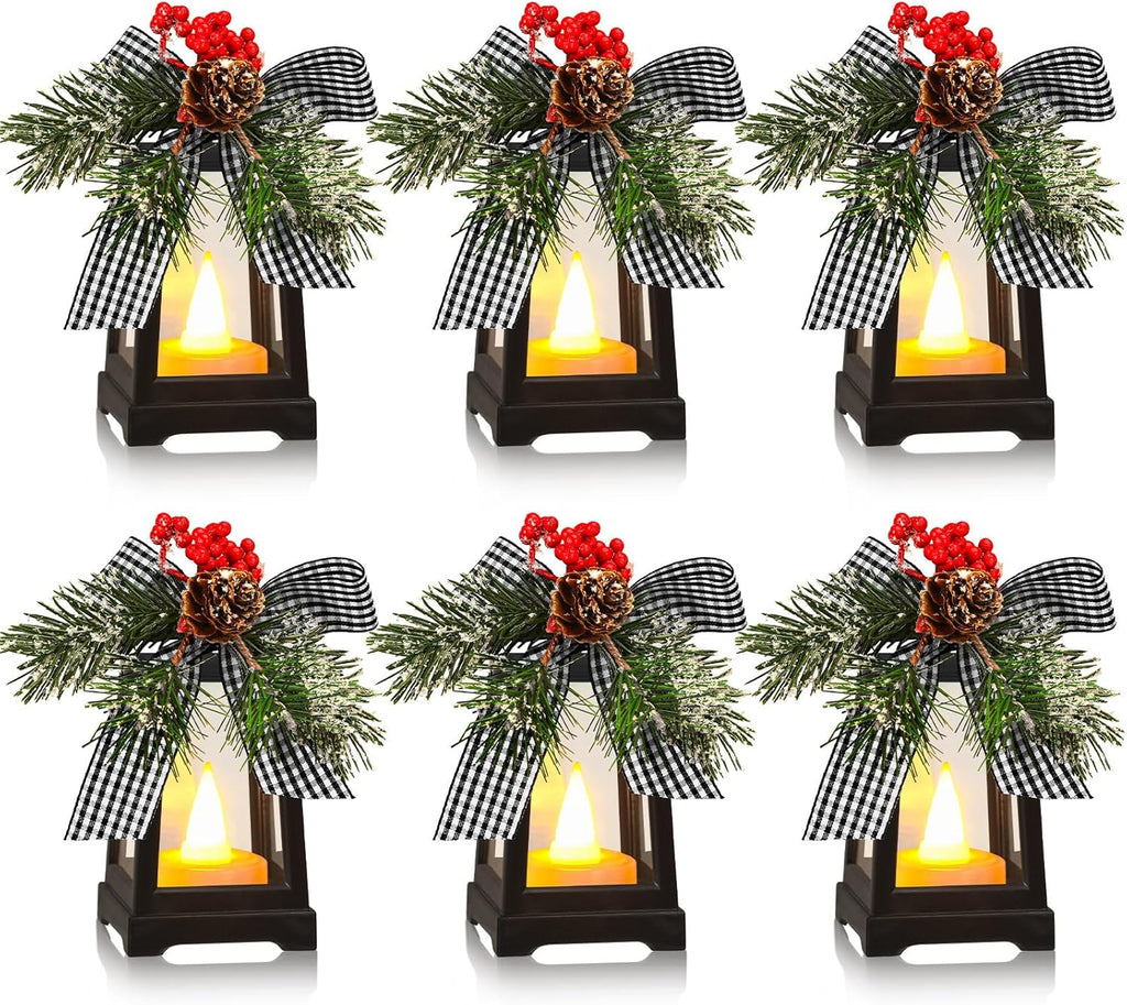 Regine Switzerland Set of 6 Christmas Mini Lanterns - Flickering LED Flameless Candle | Black and White Bow