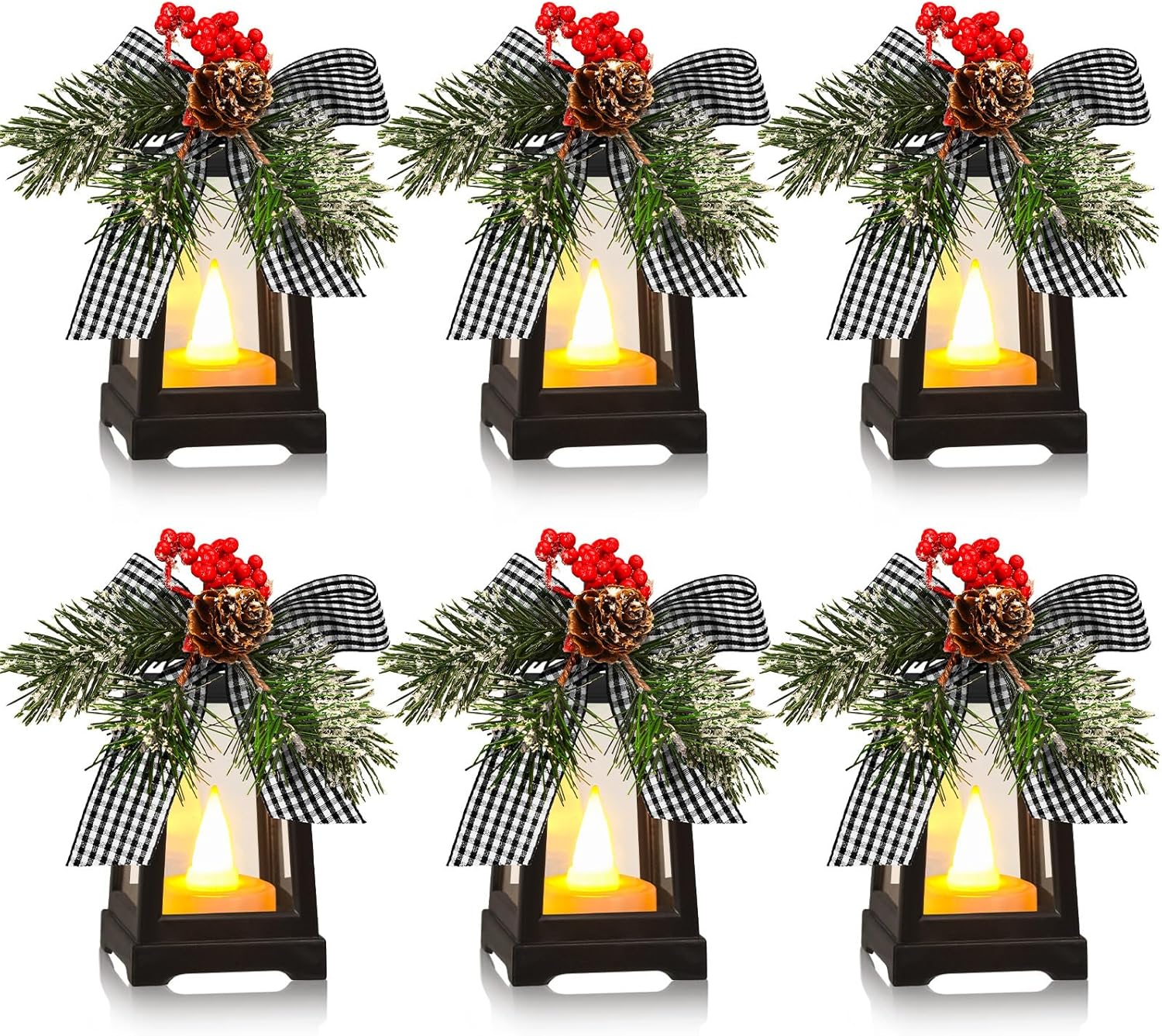Regine Switzerland Set of 6 Christmas Mini Lanterns - Flickering LED Flameless Candle | Black and White Bow