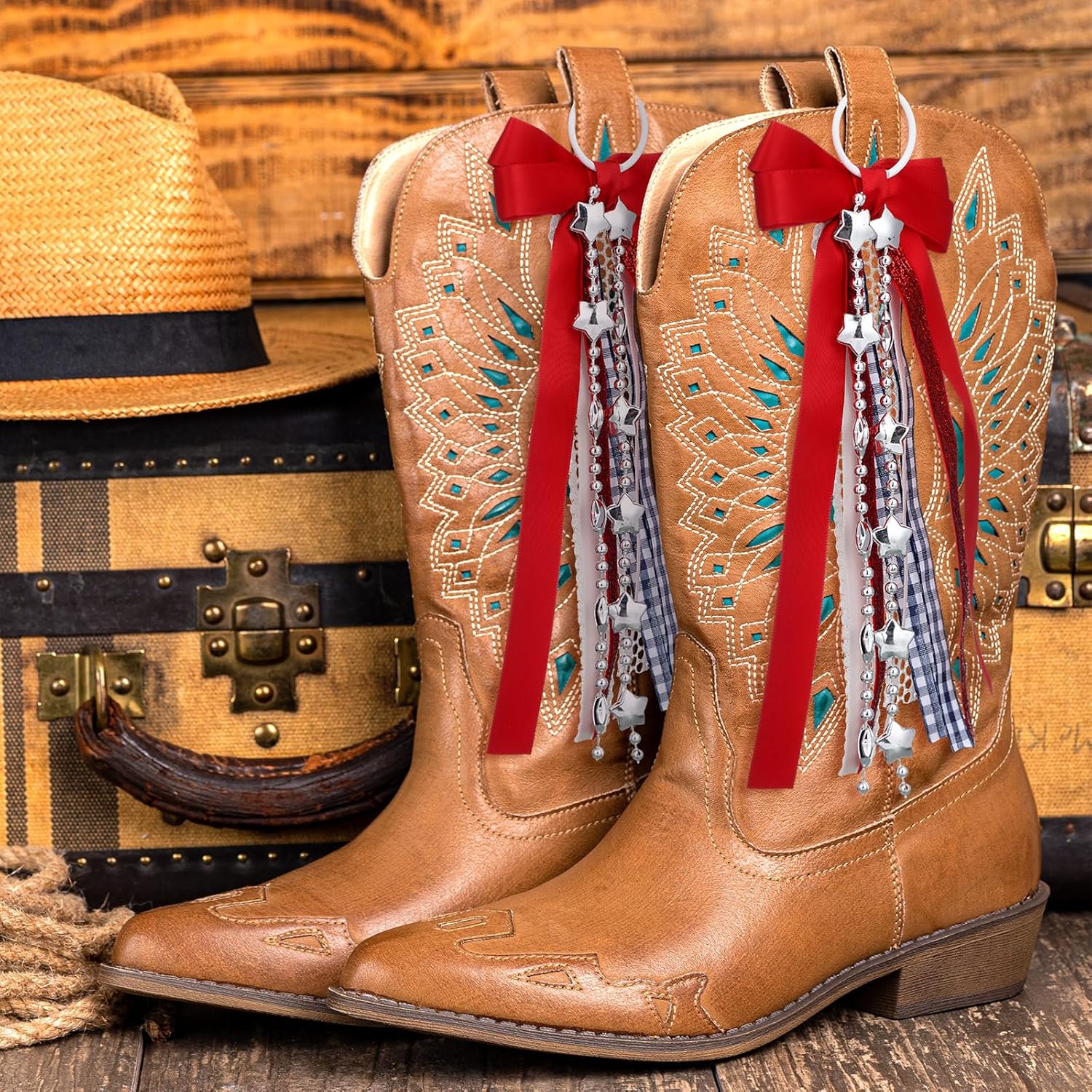 Norme Western Ribbon Boot Bows - 4 Pcs Buffalo Plaid & Glitter Pearl Lace | DIY Cowboy Cowgirl Accessories