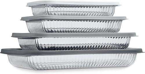 Cook With Color 8-Piece Deep Glass Baking Dish Set - Versatile Casserole & Food Storage Containers | Freezer-to-Oven, Microwave & Dishwasher Safe, Fluted Grey
