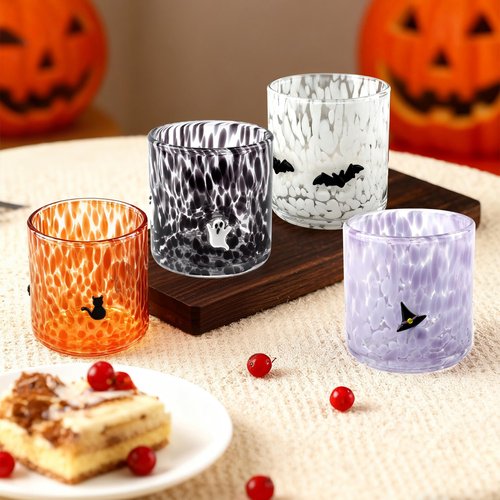 Kimburg 4 Pcs Halloween Icon Glass Cups, 16 oz Ghost, Bat, Wizard Hat, Cat Icon Juice Drinking Fall Glasses, Cute Glass Water Cups Coffee Tumblers Wine Glassware for Thanksgiving Birthday Party Gift
