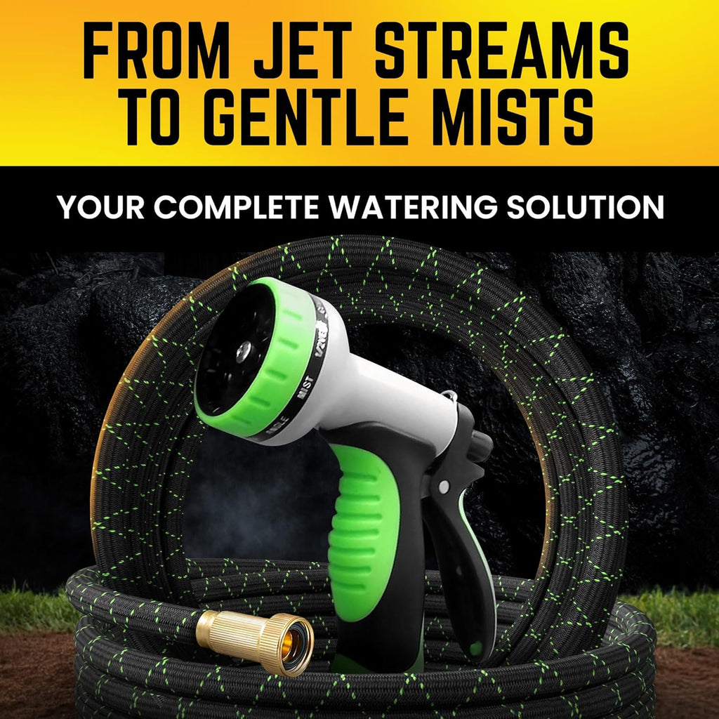 PowerFlow Stainless Steel Garden Hose - 25 Ft Durable Metal Water Hose with 10-Way Spray Nozzle | Black