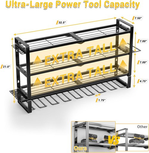 **Skiennix Heavy Duty Power Tool Organizer - 4 Layers Wall Mount with 8 Cordless Drill Holders | 400lbs Capacity**