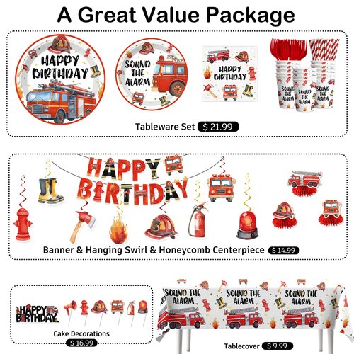 193pcs Firetruck Birthday Decorations Include Fire Truck Plates and Napkins Set, Banner, Hanging, Tablecloth, Balloon, Cupcake Topper, Centerpieces, for Firefighter Party Decorations, Serves 25