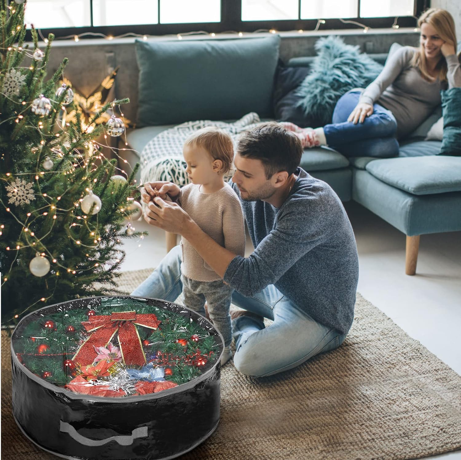 Propik Christmas Wreath Storage Bag - Tear Resistant Holiday Container with Clear Window | 36 Inch, Black - 2 Pack