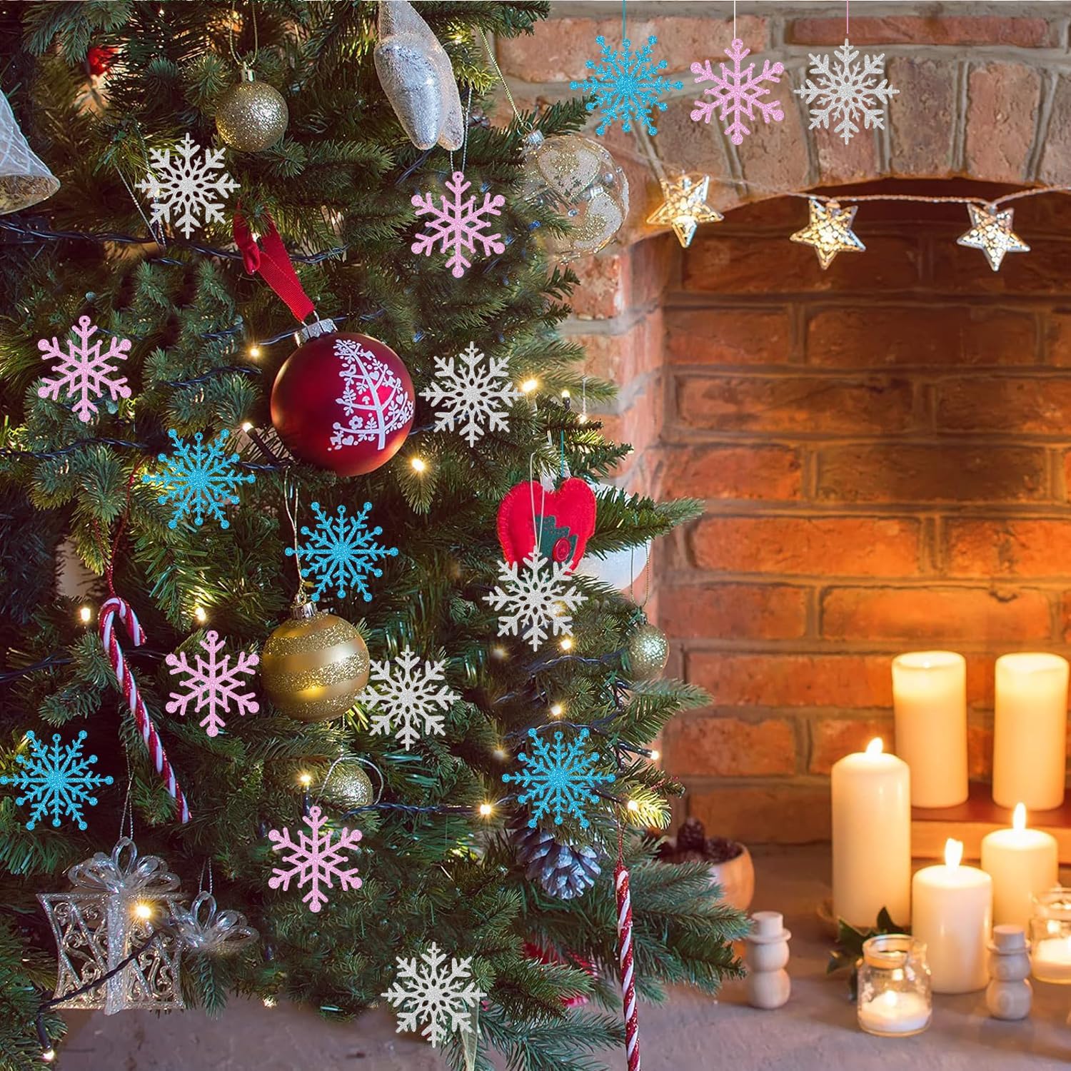 Skiennix Winter Snowflake Hanging Ornaments - Sparkly Ceiling Streamers for Holiday Decor | Glitter Pink, Blue, Silver