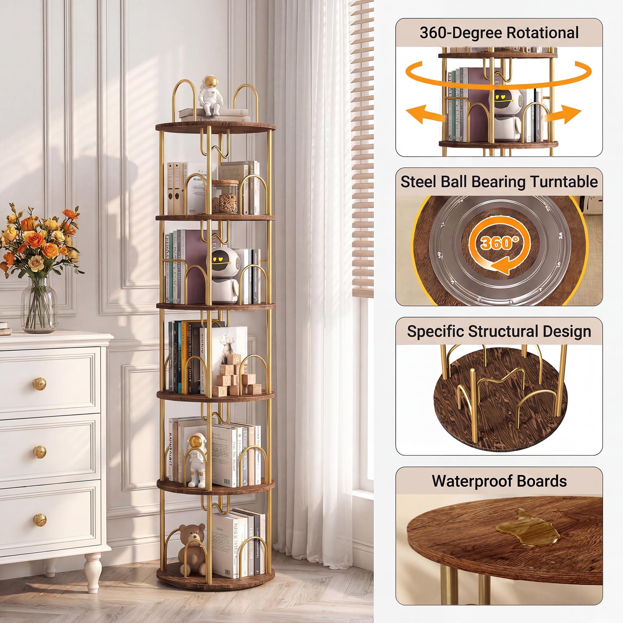 Merkisa 5 Tier Rotating Bookshelf, 360° Spinning Bookshelf Tower, Narrow Corner Book Shelf, Revolving Bookcase Corner Tall Book Shelf for Small Spaces, Bedroom, Living Room, Gold