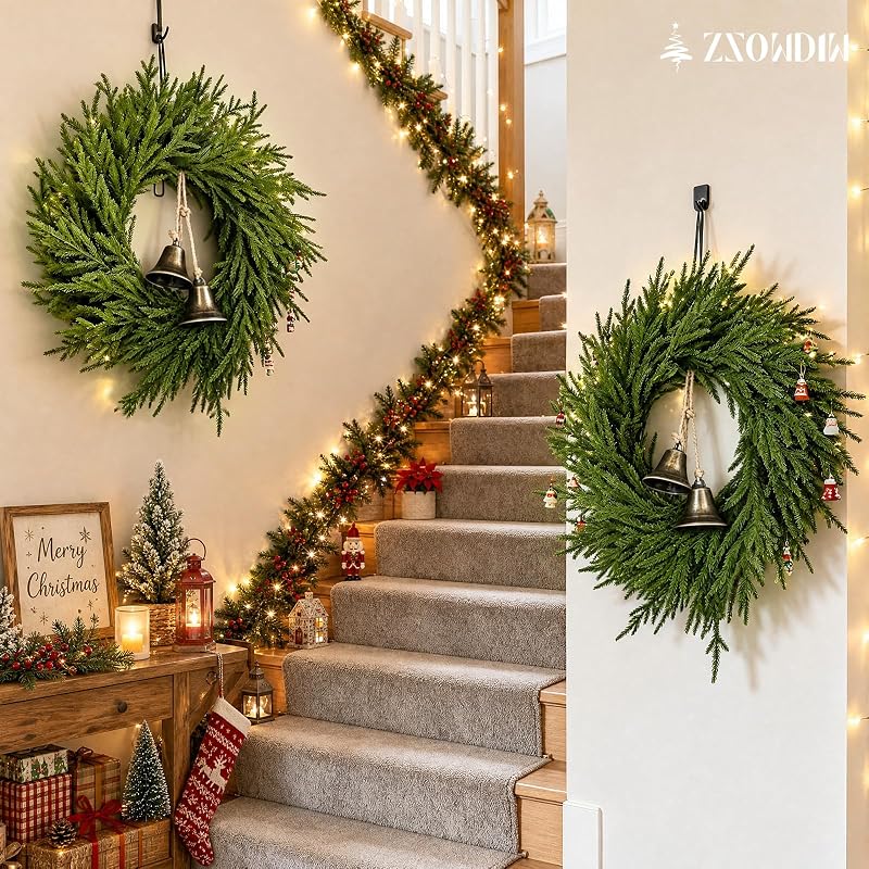 Decorated 2PACK 24-Inch Norfolk Pine Wreaths with Bells for Front Doors